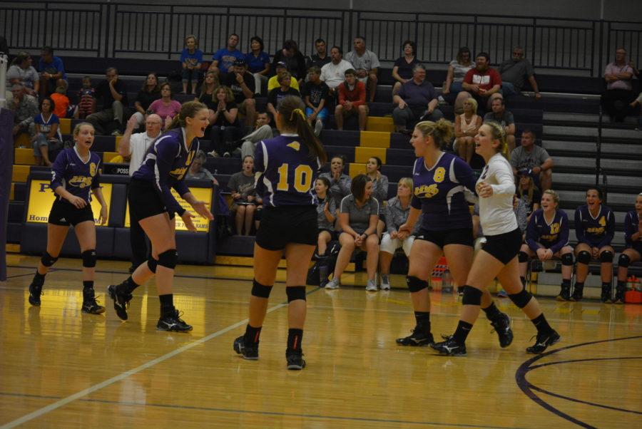 Madison Street, Anna Hutcheson, Claire Cornwell, Olivia Becht and Amber Smith celebrating after a point at the game last night against Mitchell.