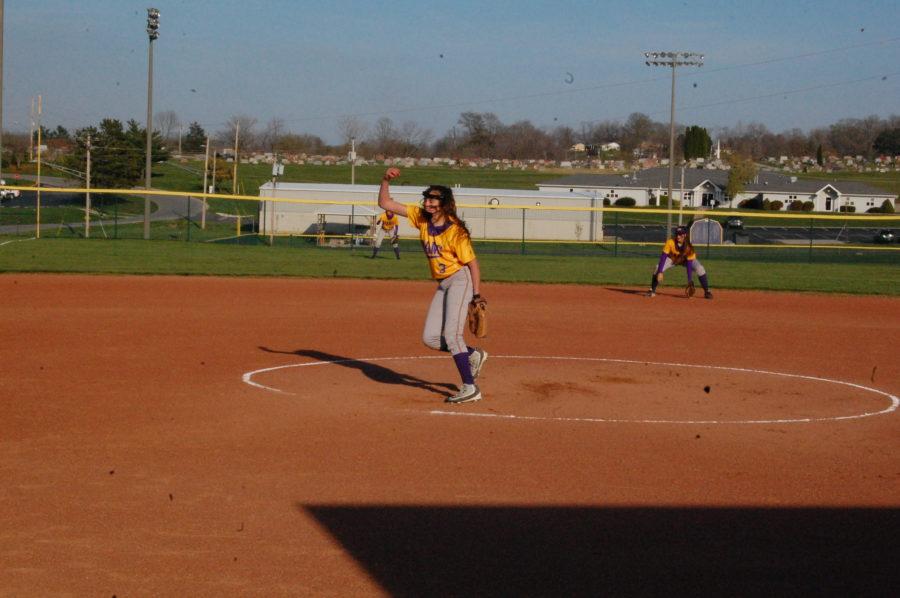 Freshman Ali Low sends a pitch to the plate in a recent game. Photo by Ty Minton
