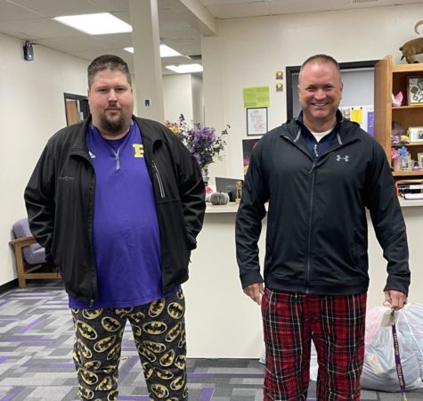 Principal Ed Wagner and Vice Principal Adam Stroud model their pajamas.