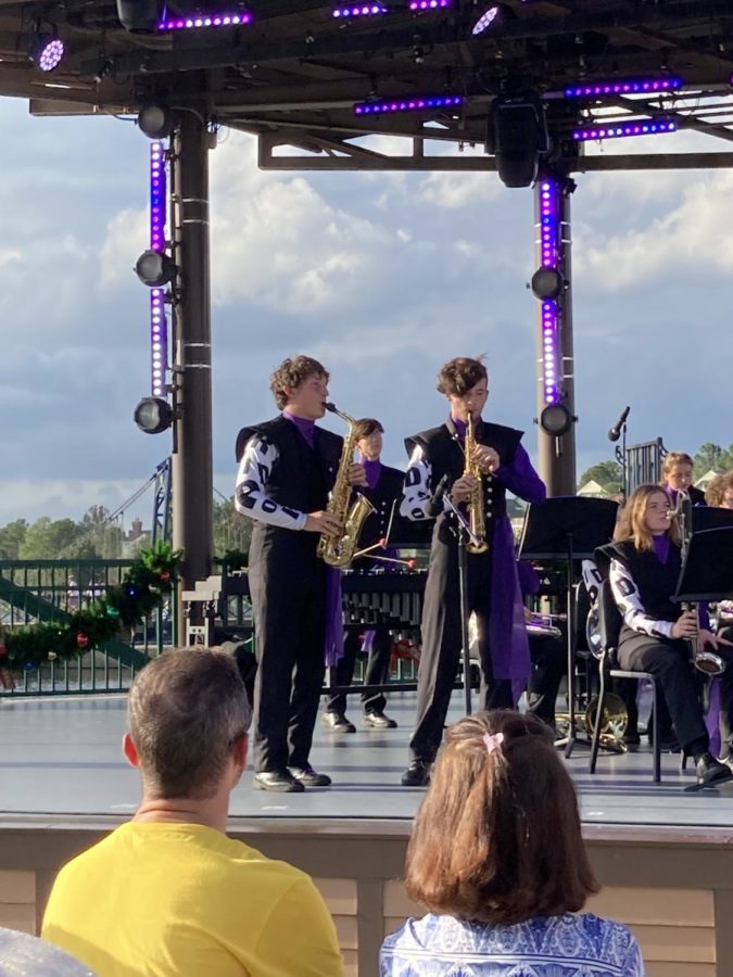 Seniors A.J. Lopez and Brody Wilcox perform on Waterside Stage at Disney Springs.