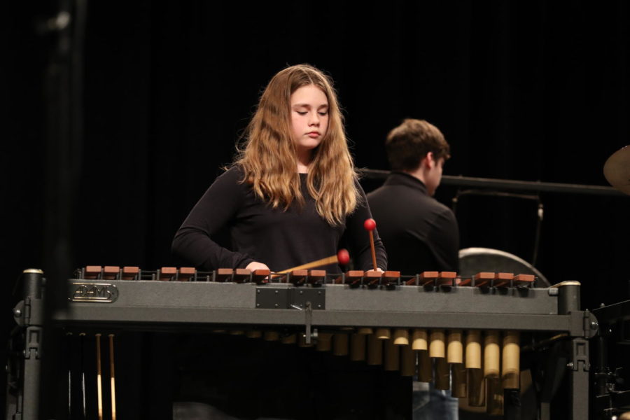 Seventh grader Vanessa Thacker plays vibraphone during the indoor percussion show.