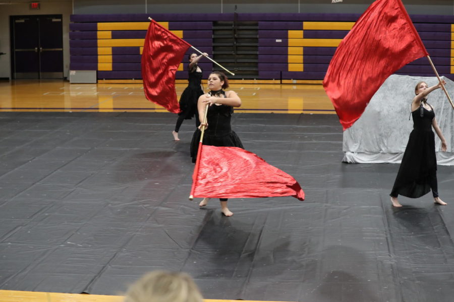 Junior Carina Gaona waves her flag during the performance.