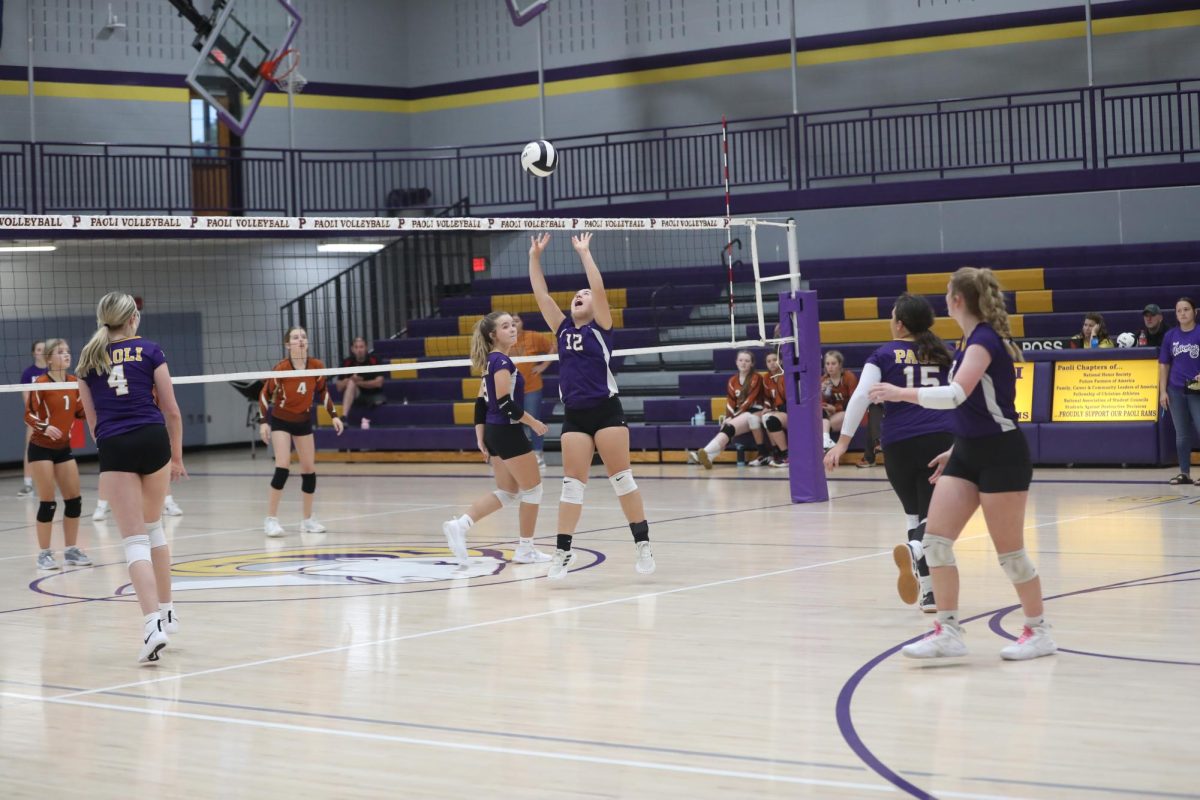 Eighth grader Charlee Ashley sets the ball for a teammate Gracie Burger.