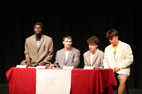 Juniors Chad Sullivan, Coen Brace, Kirkland Hughes, and Tyler Hannon performs their skit.
