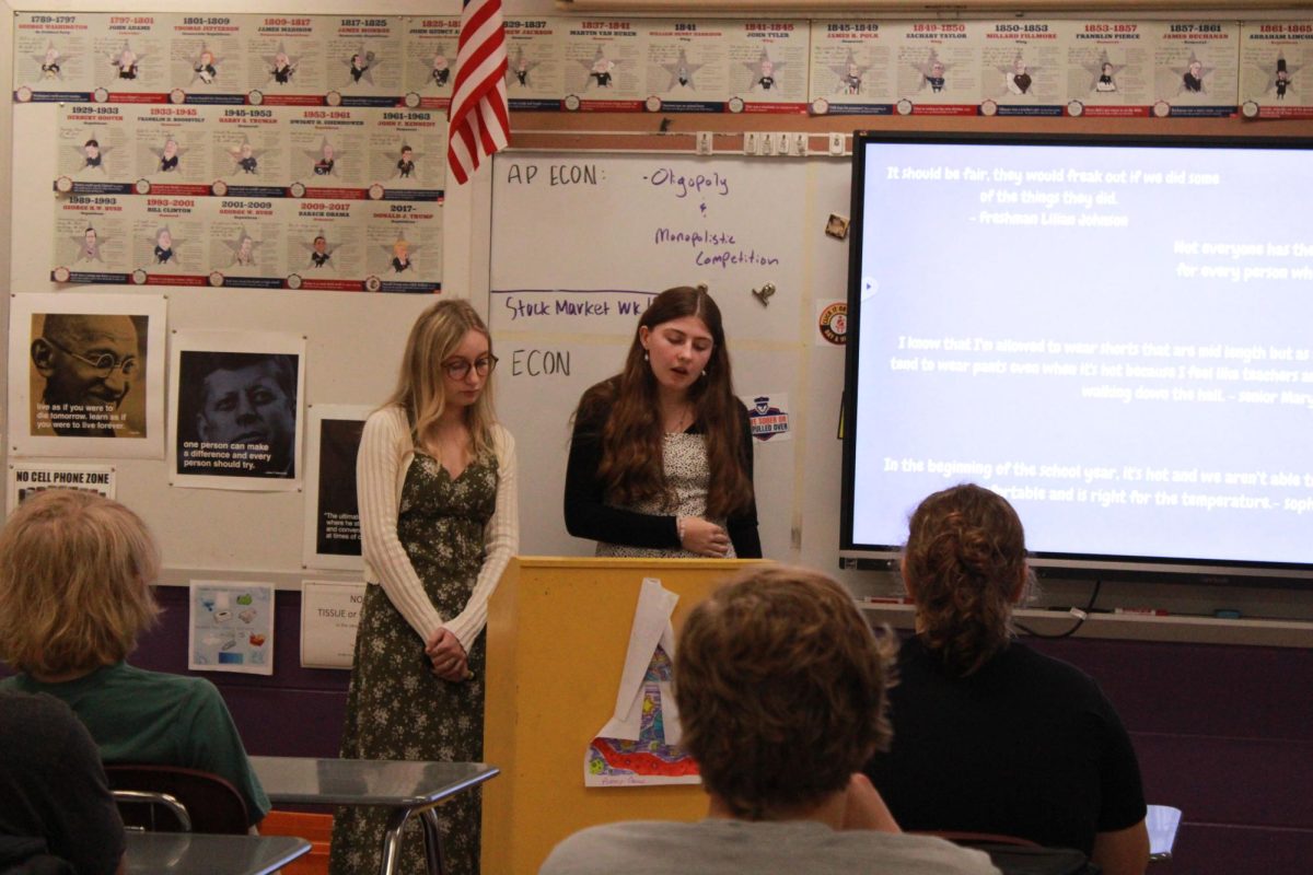 Junior Kylie Flannery and Jesslyn Brown presenting their speech about dress code.
