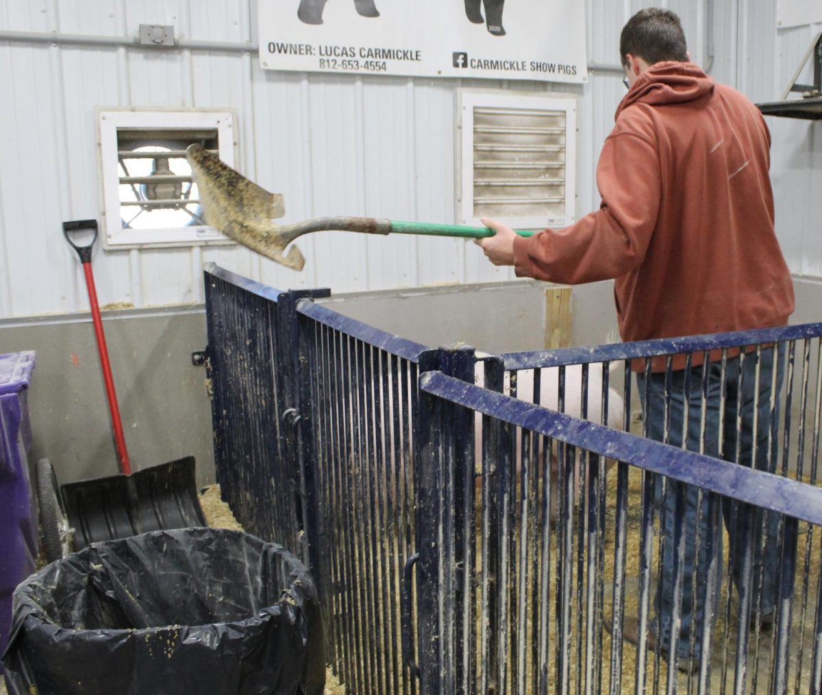 Senior Lydon Poe cleaning out the pig cage.