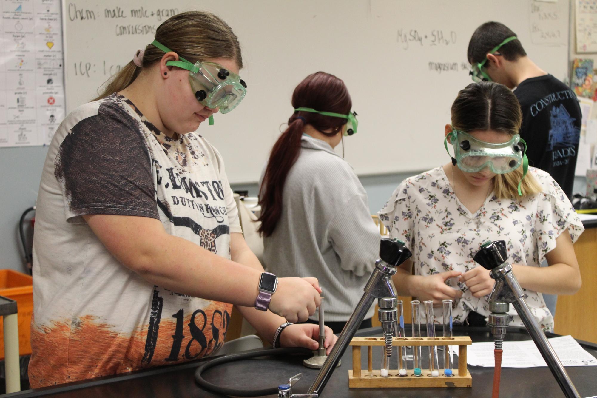 Sophomore Kaylee Baxter, lights the Bunsen burner.