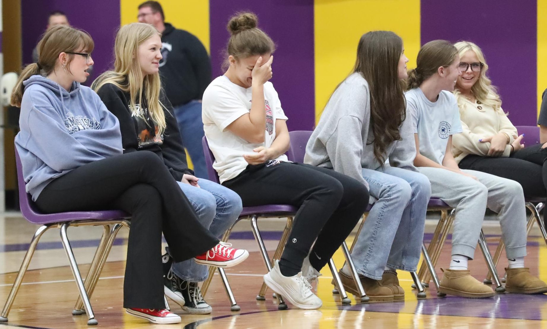 The Lady Rams laugh during their gameshow.