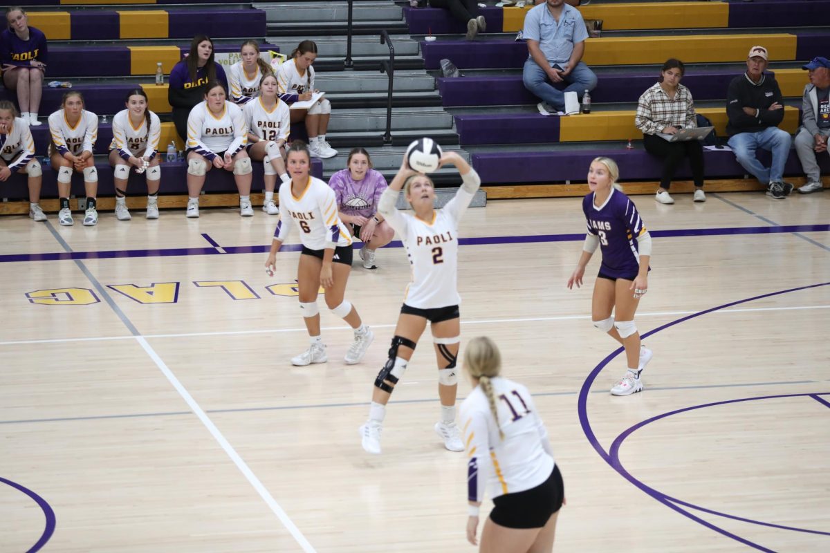 Senior Maddie Vernon sets the ball.