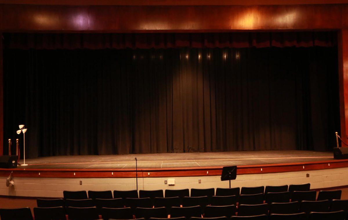 The stage in the Ruth Uyesugi Auditorium, where the upcoming drama productions will be performed.