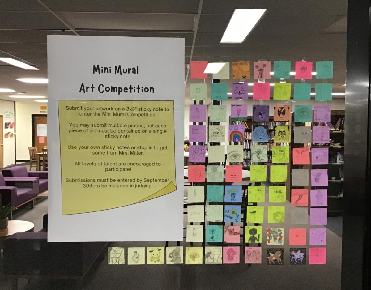 The mini murals posted on the Library window.
