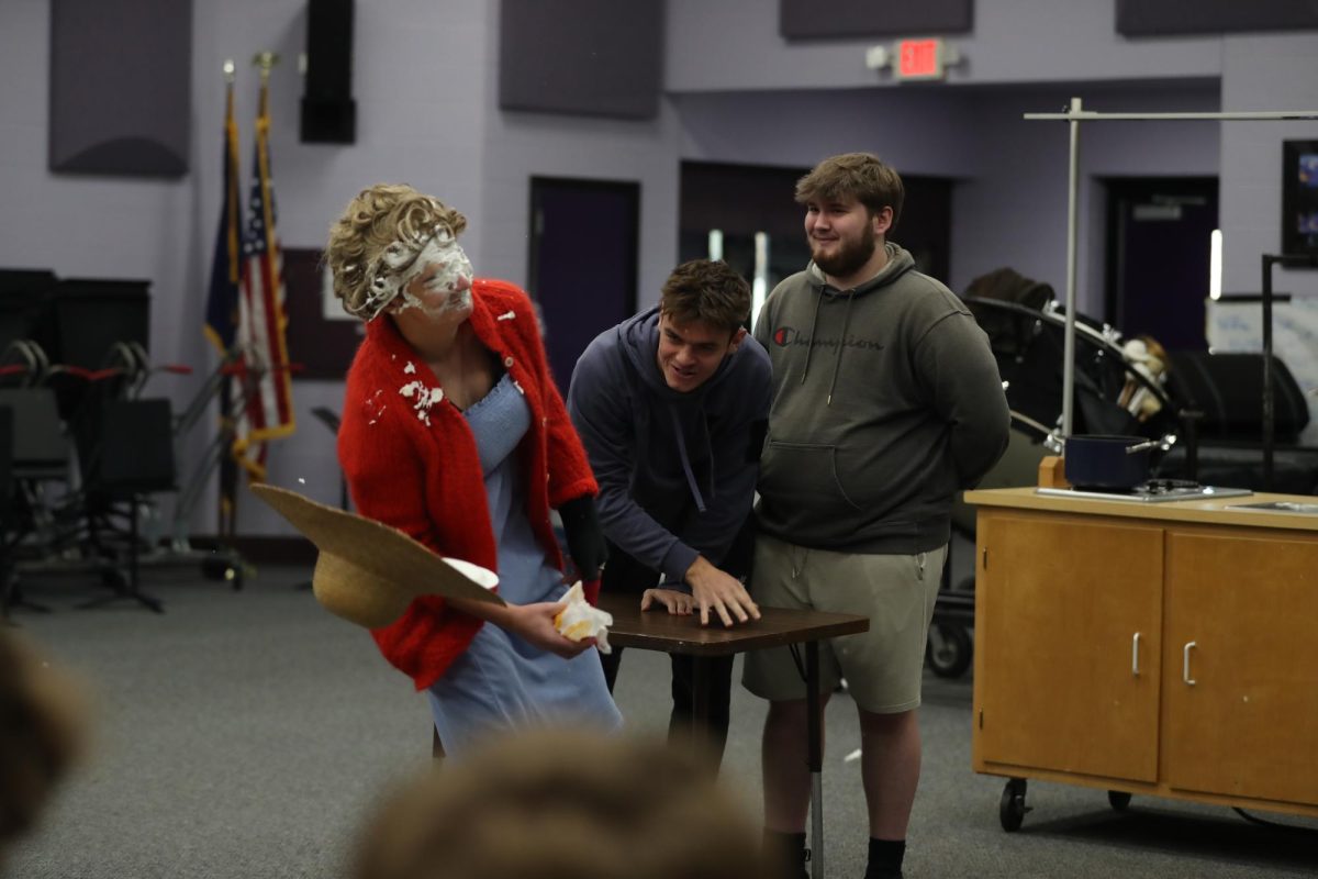 Juniors Joe McDonald, Colton Henderson and Weston Moffatt preform their skit during the Speech Contest.
